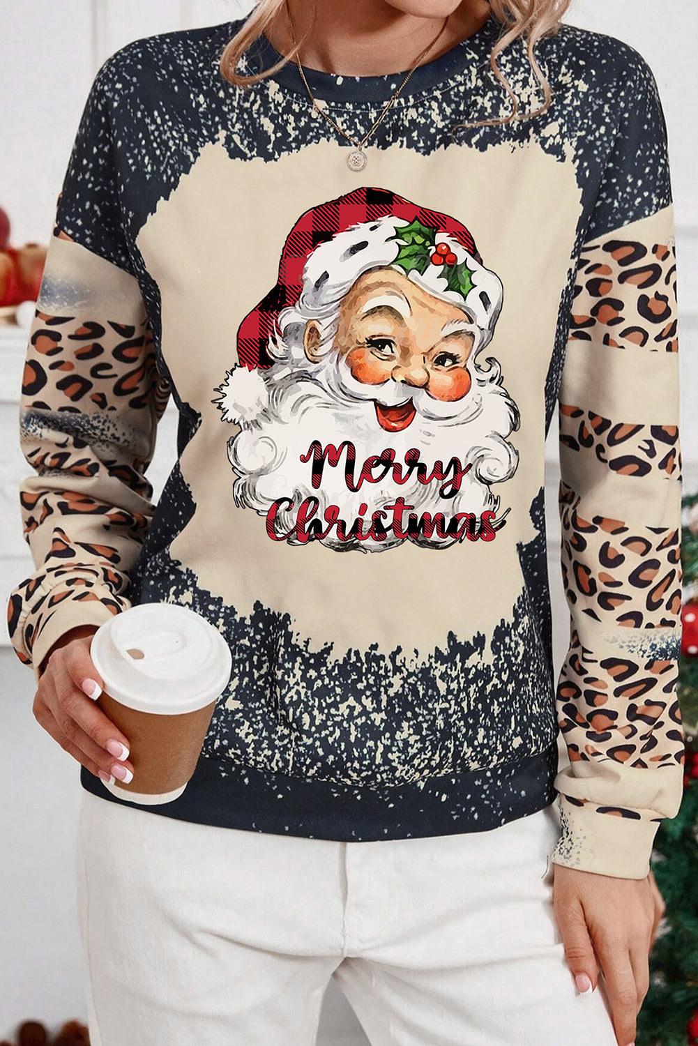 Santa Graphic Leopard Dropped Shoulder Sweatshirt