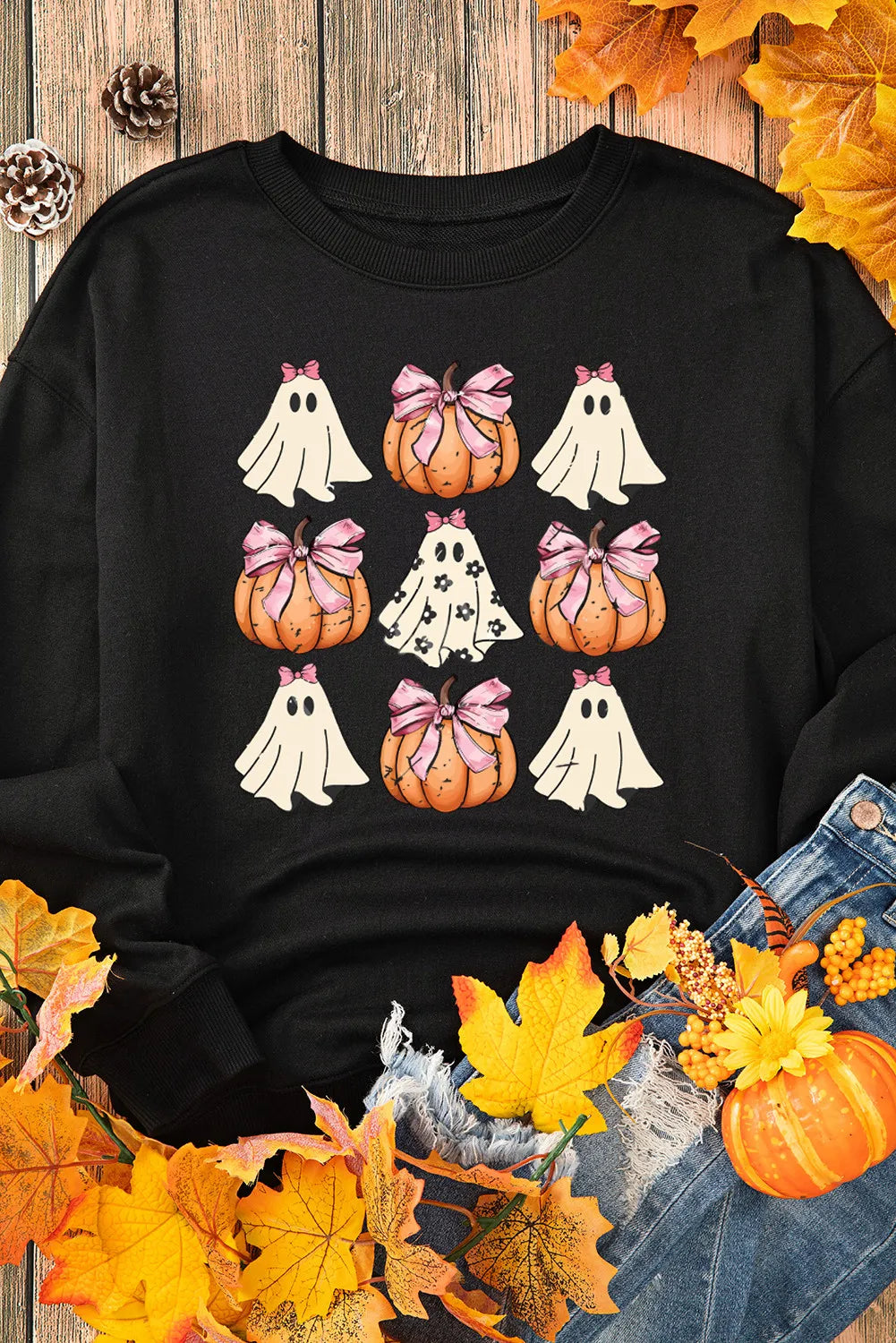 Pumpkin &amp; Ghost Round Neck Long Sleeve Sweatshirt