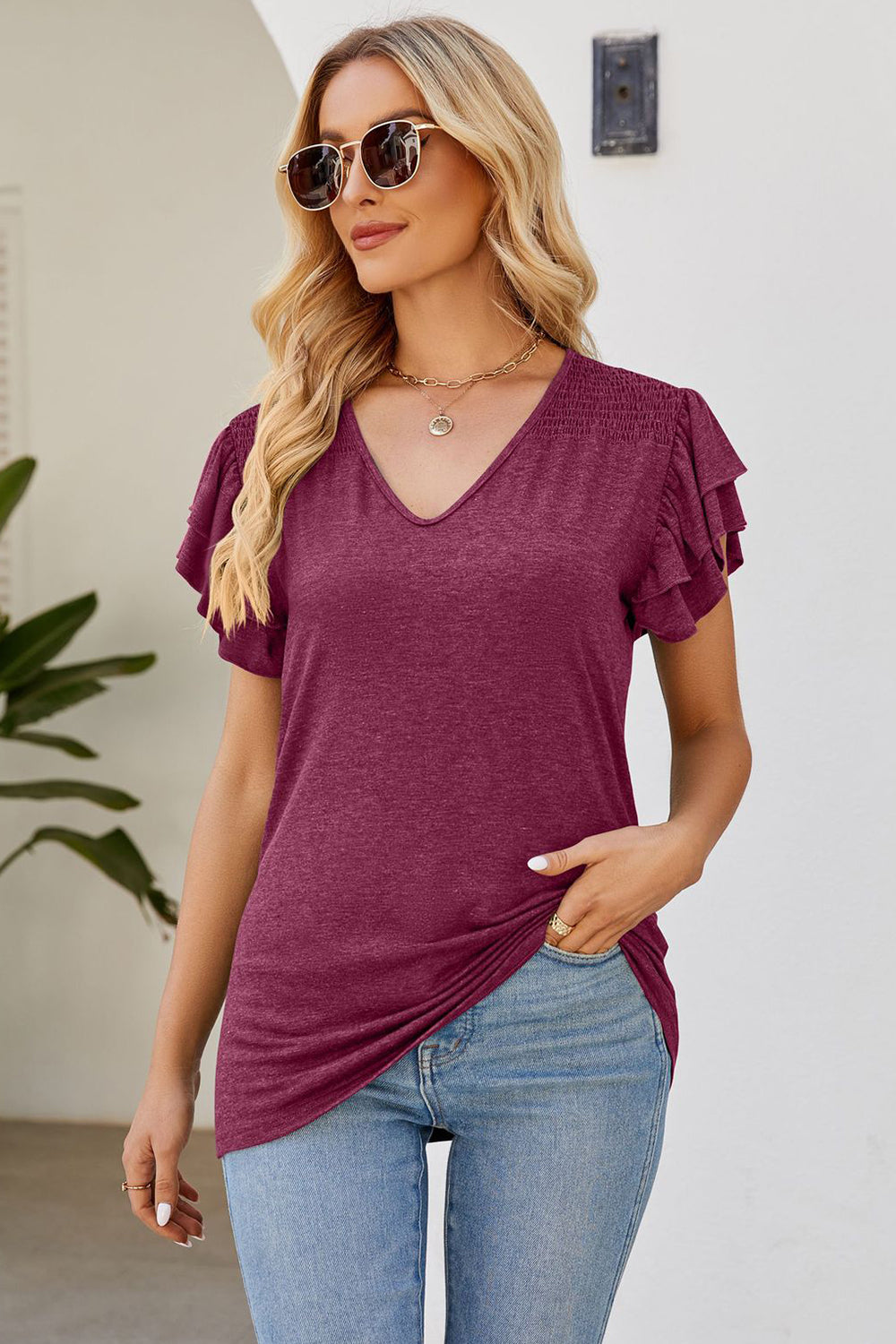 Ruffled V-Neck Flutter Sleeve T-Shirt