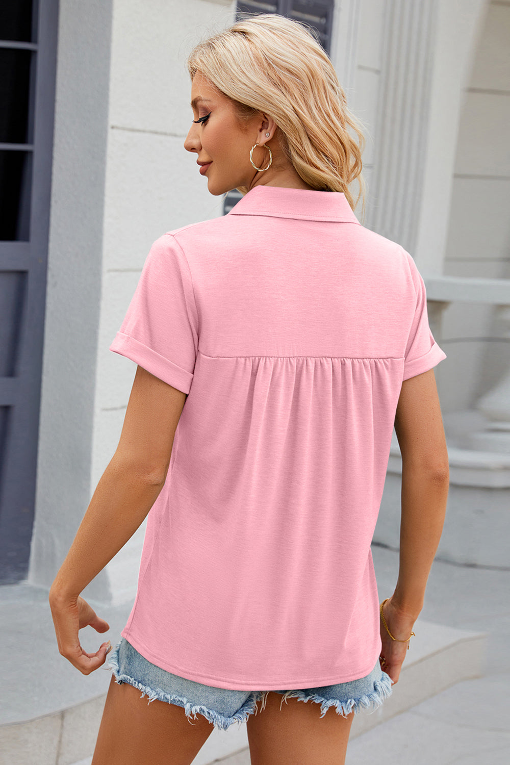 Ruched Johnny Collar Short Sleeve Blouse