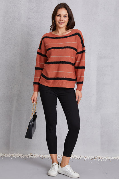 Striped Round Neck Dropped Shoulder Sweater