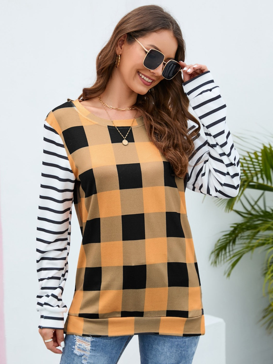 Plaid Striped Round Neck Long Sleeve T-Shirt