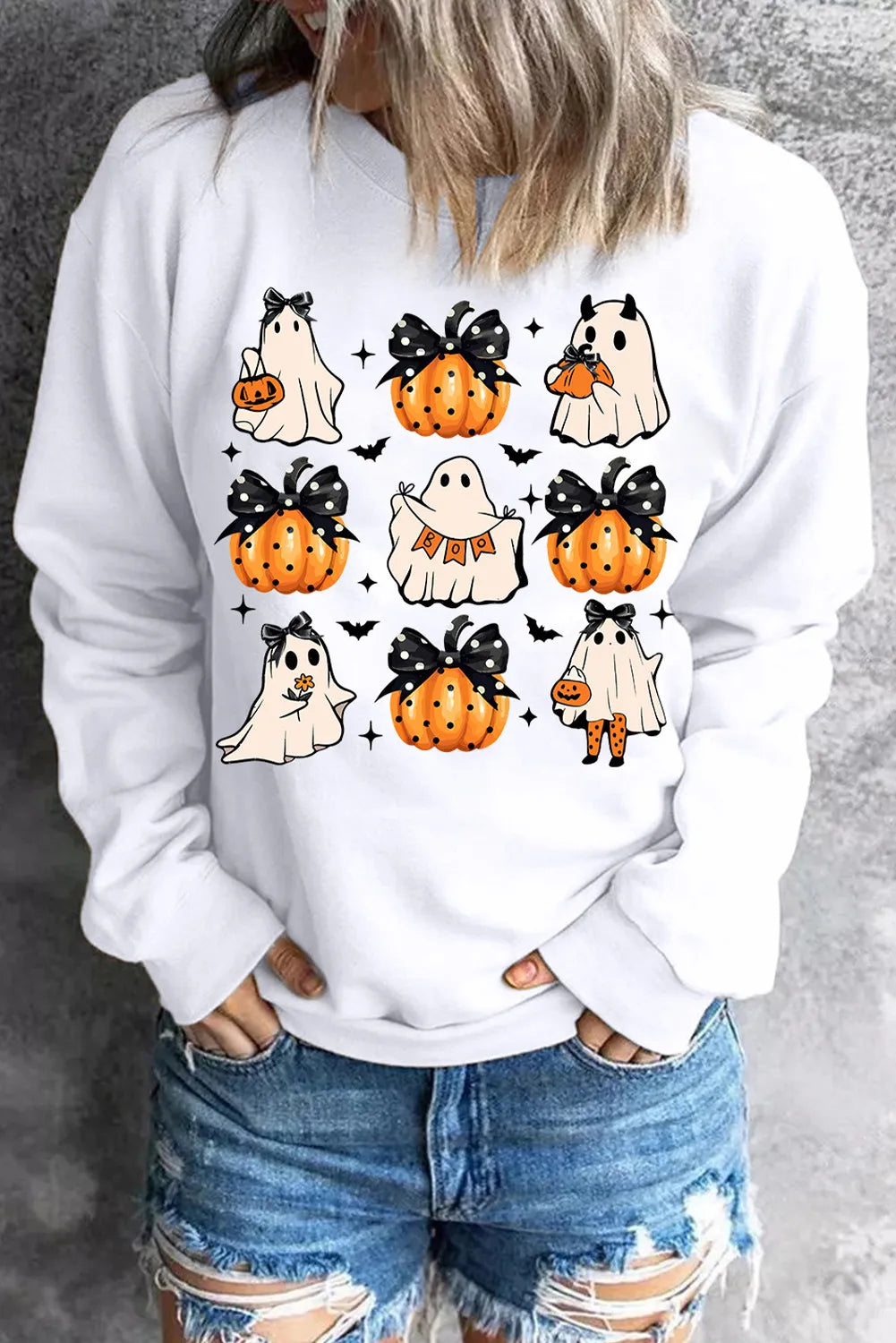 Pumpkin &amp; Ghost Round Neck Long Sleeve Sweatshirt