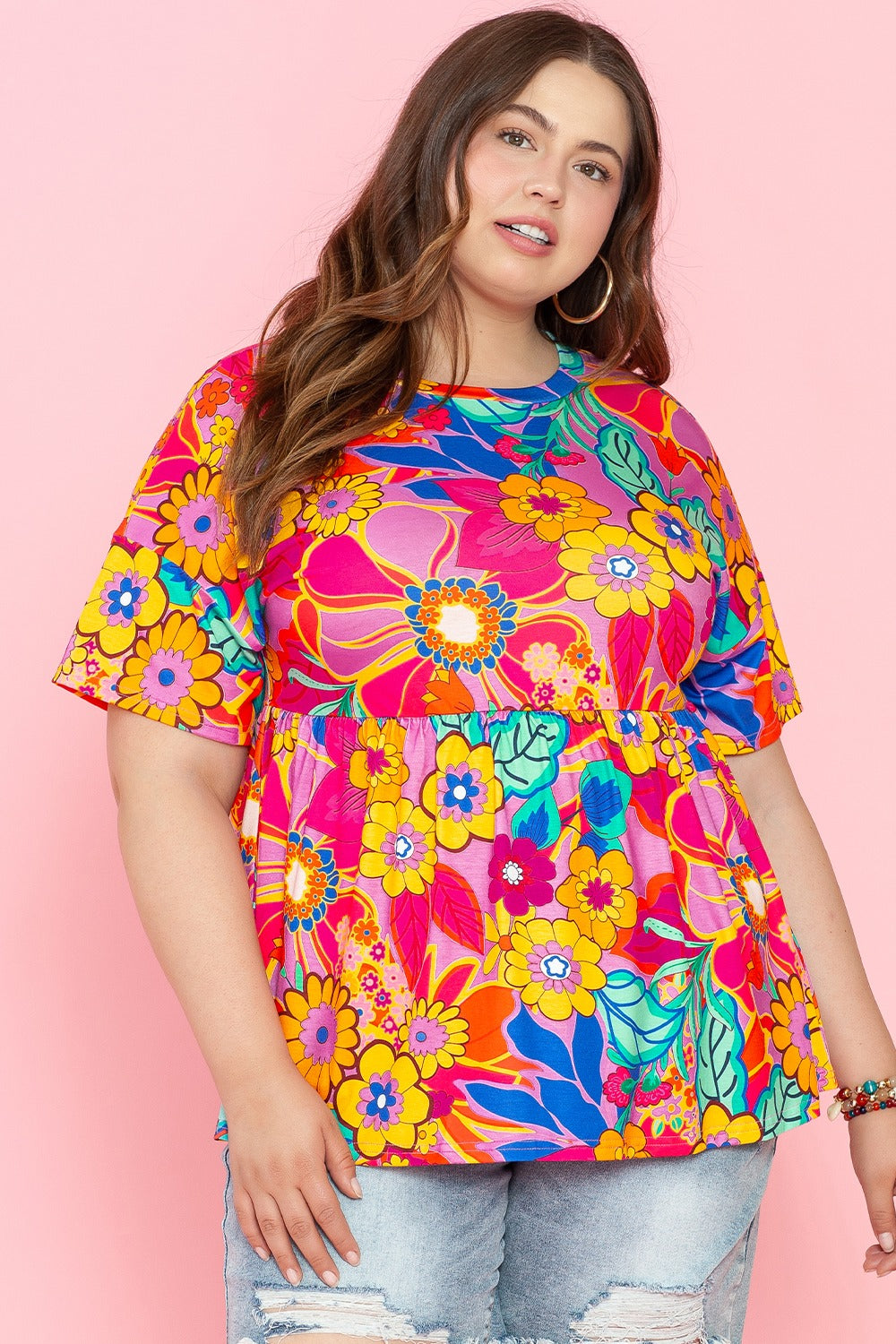 Plus Size Printed Round Neck Short Sleeve Top