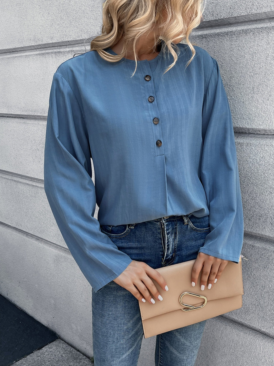 Ivy Lane Half Button Long Sleeve Blouse