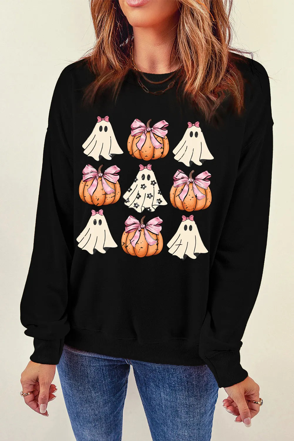 Pumpkin &amp; Ghost Round Neck Long Sleeve Sweatshirt