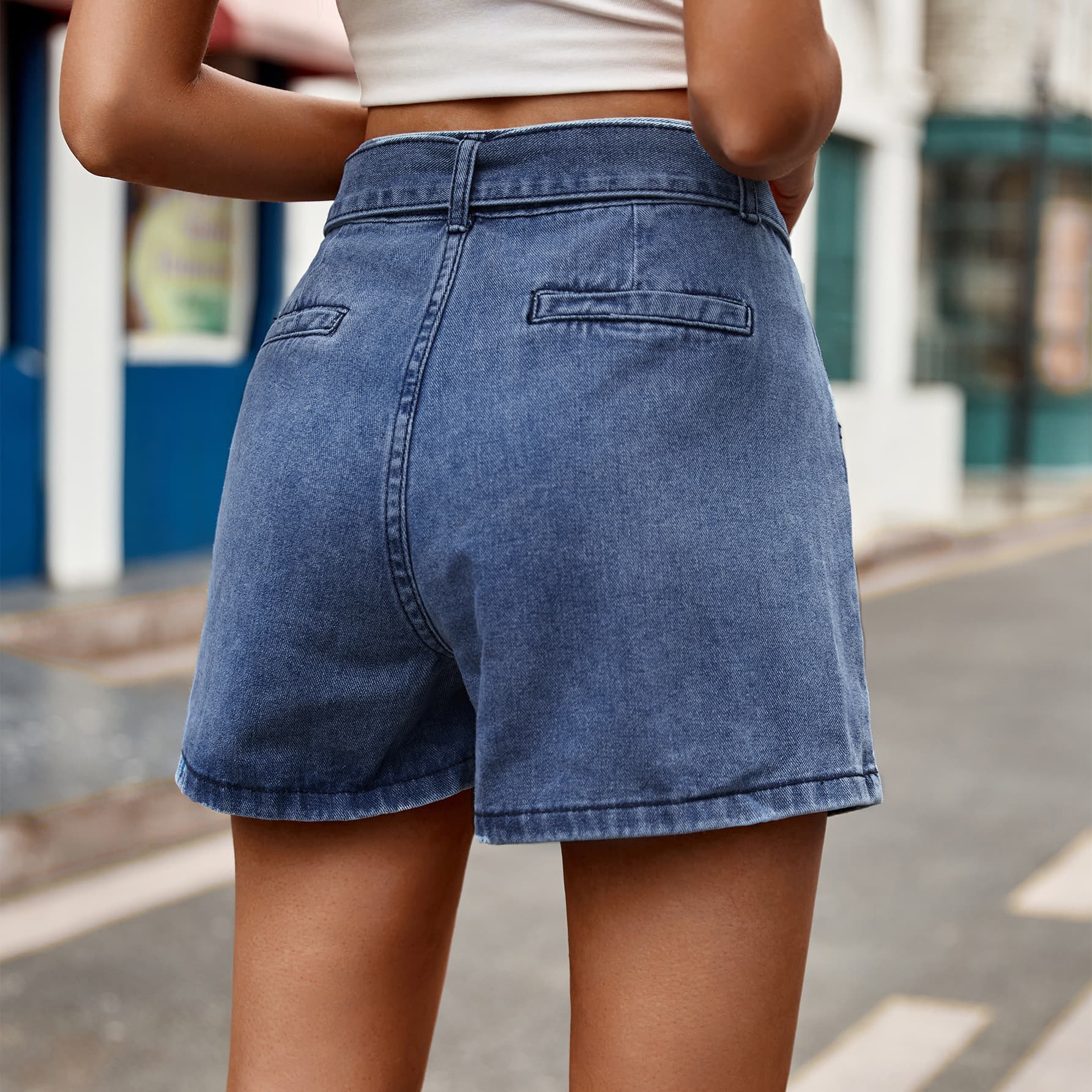 Tie Belt Denim Shorts with Pockets