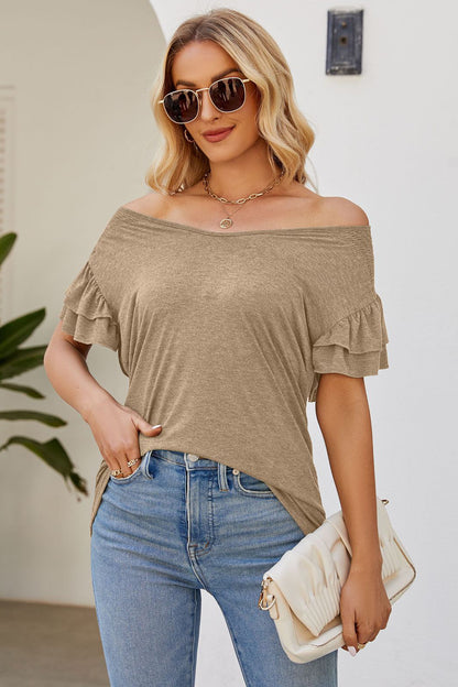 Ruffled V-Neck Flutter Sleeve T-Shirt