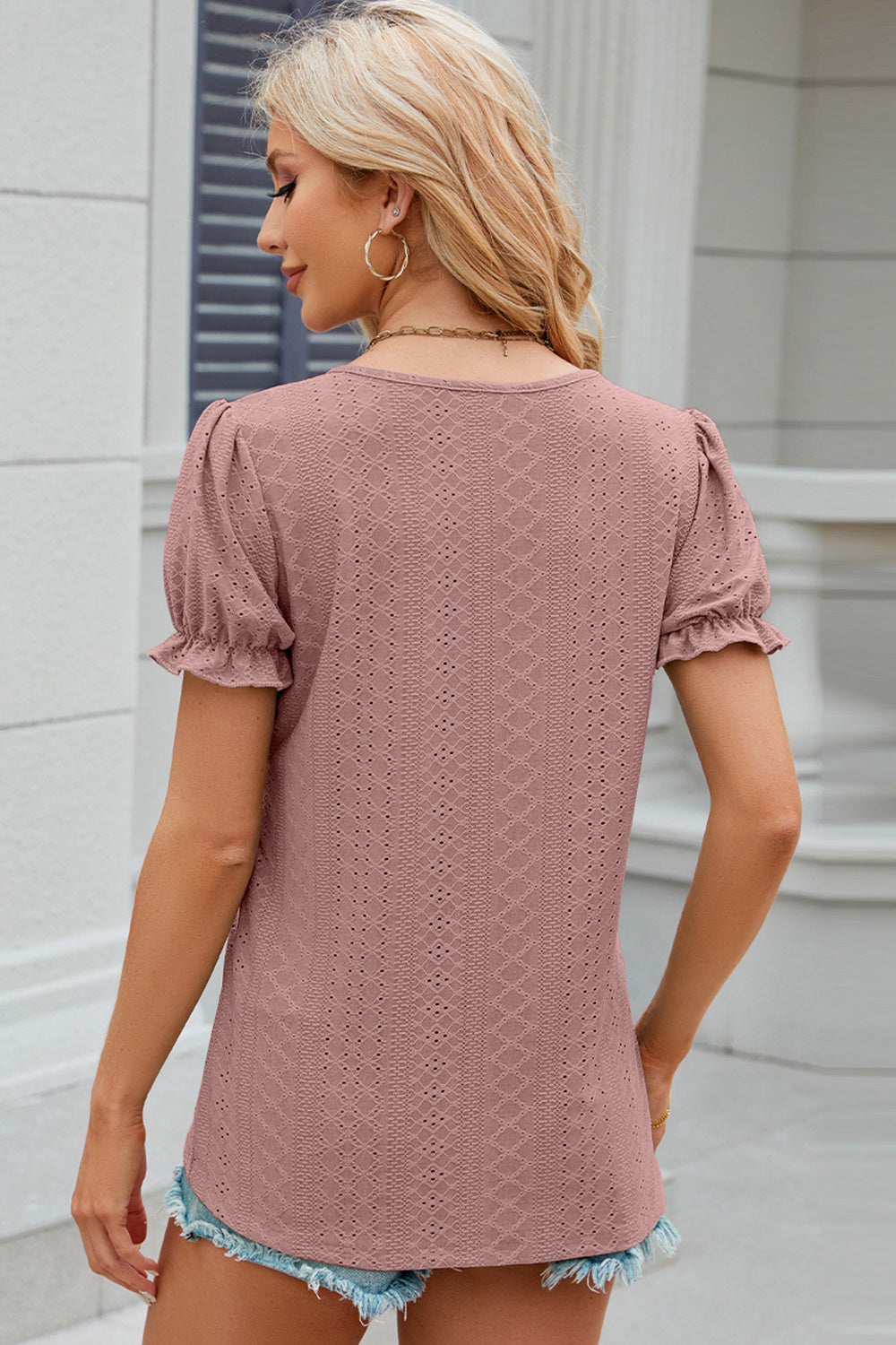 Eyelet Round Neck Flounce Sleeve T-Shirt