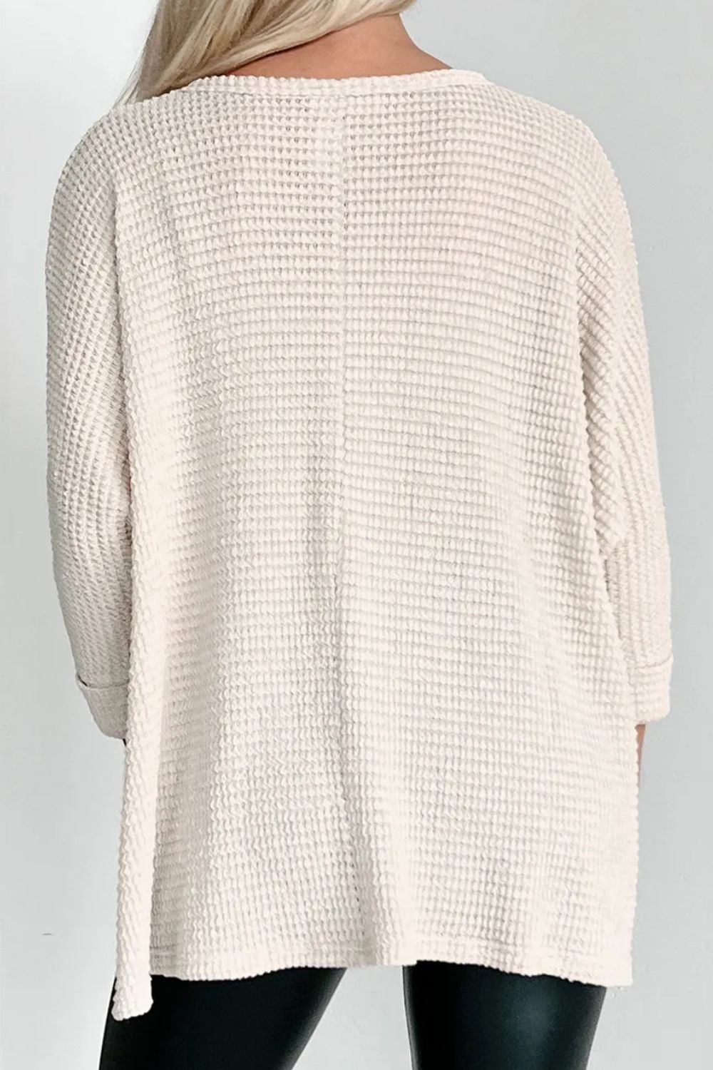 Waffle-Knit Slit Round Neck Long Sleeve Top