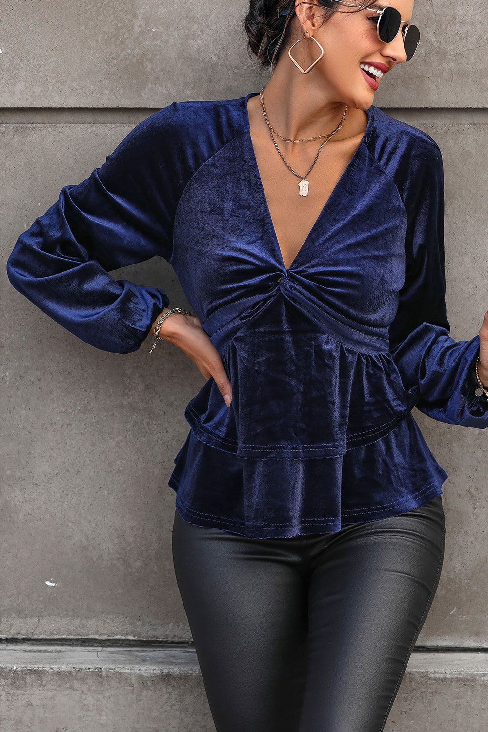 Perfee Twisted Layered Plunge Raglan Sleeve Blouse