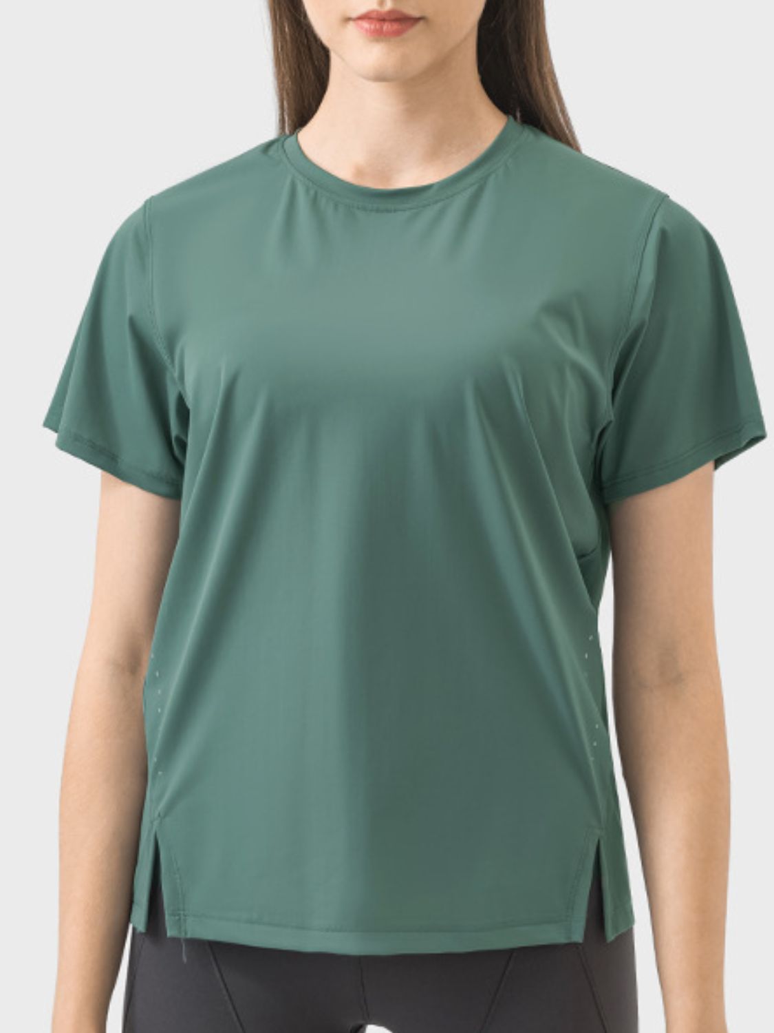 Millennia Slit Round Neck Short Sleeve Active T-Shirt