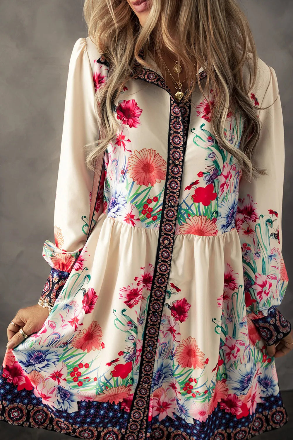 Flower Button Down Lantern Sleeve Dress