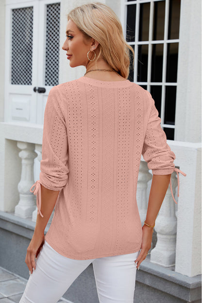 Eyelet Drawstring V-Neck Half Sleeve T-Shirt