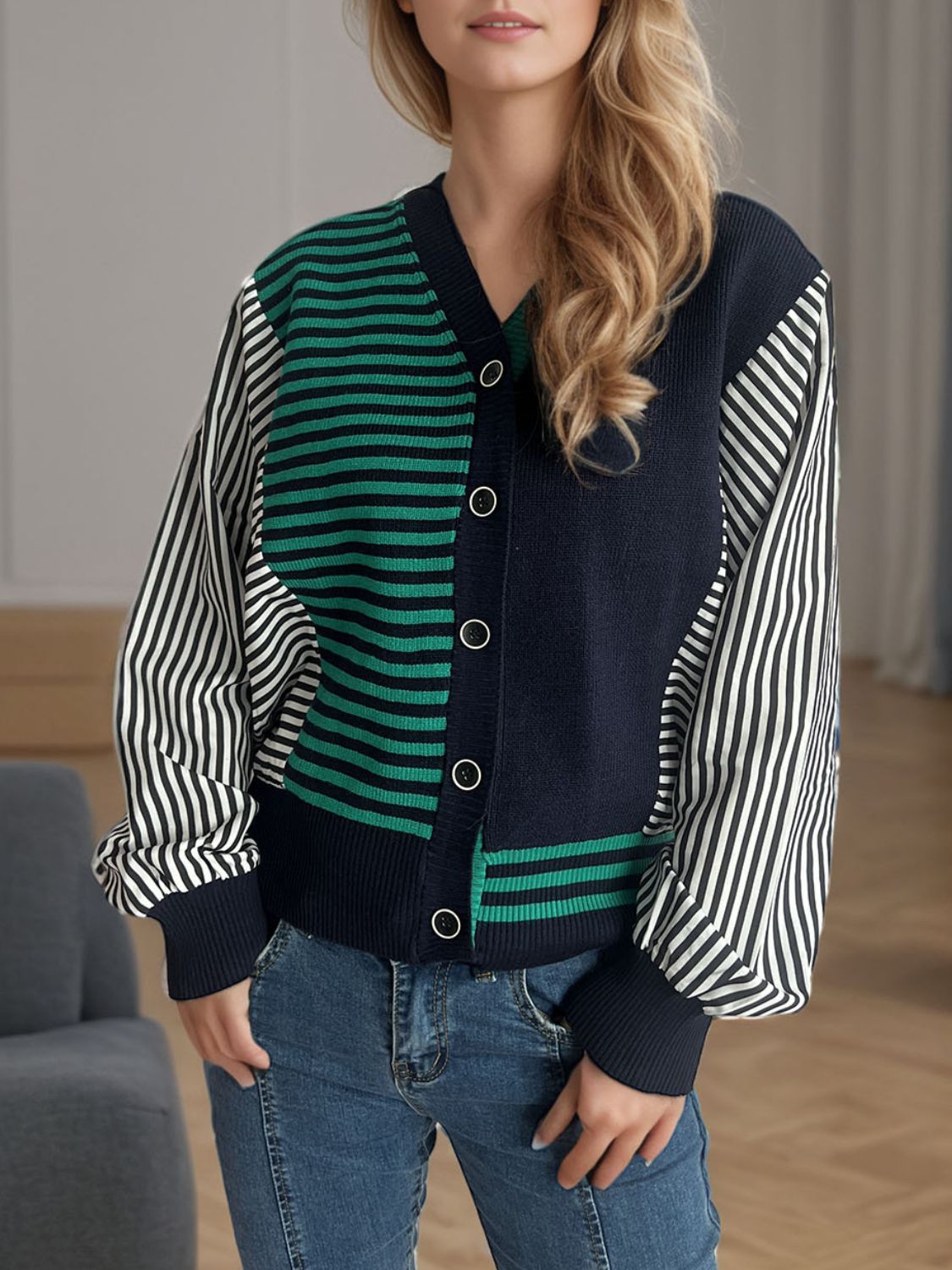 Striped Button Down Long Sleeve Cardigan