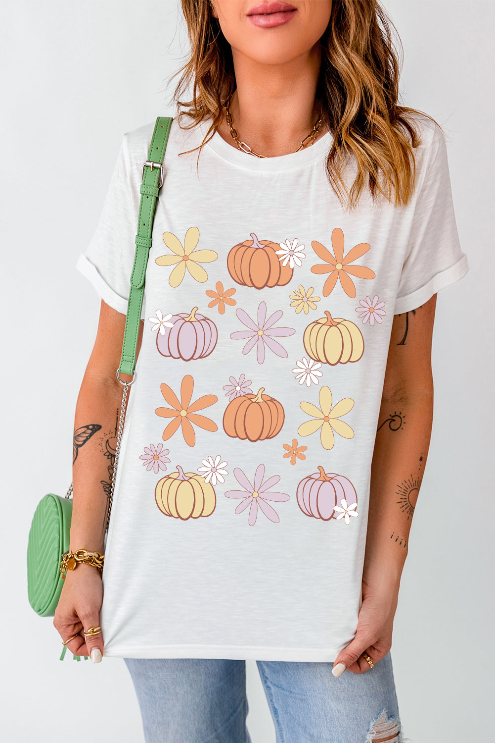 Pumpkin &amp; Flower Round Neck Short Sleeve T-Shirt