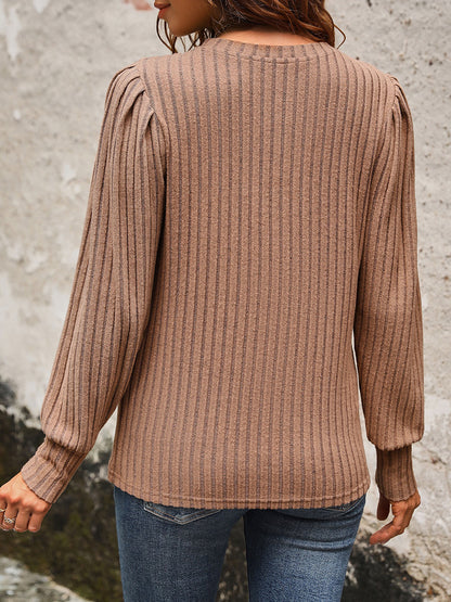 Perfee Ribbed Round Neck Long Sleeve T-Shirt