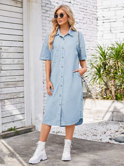 Button Up Dropped Shoulder Denim Dress