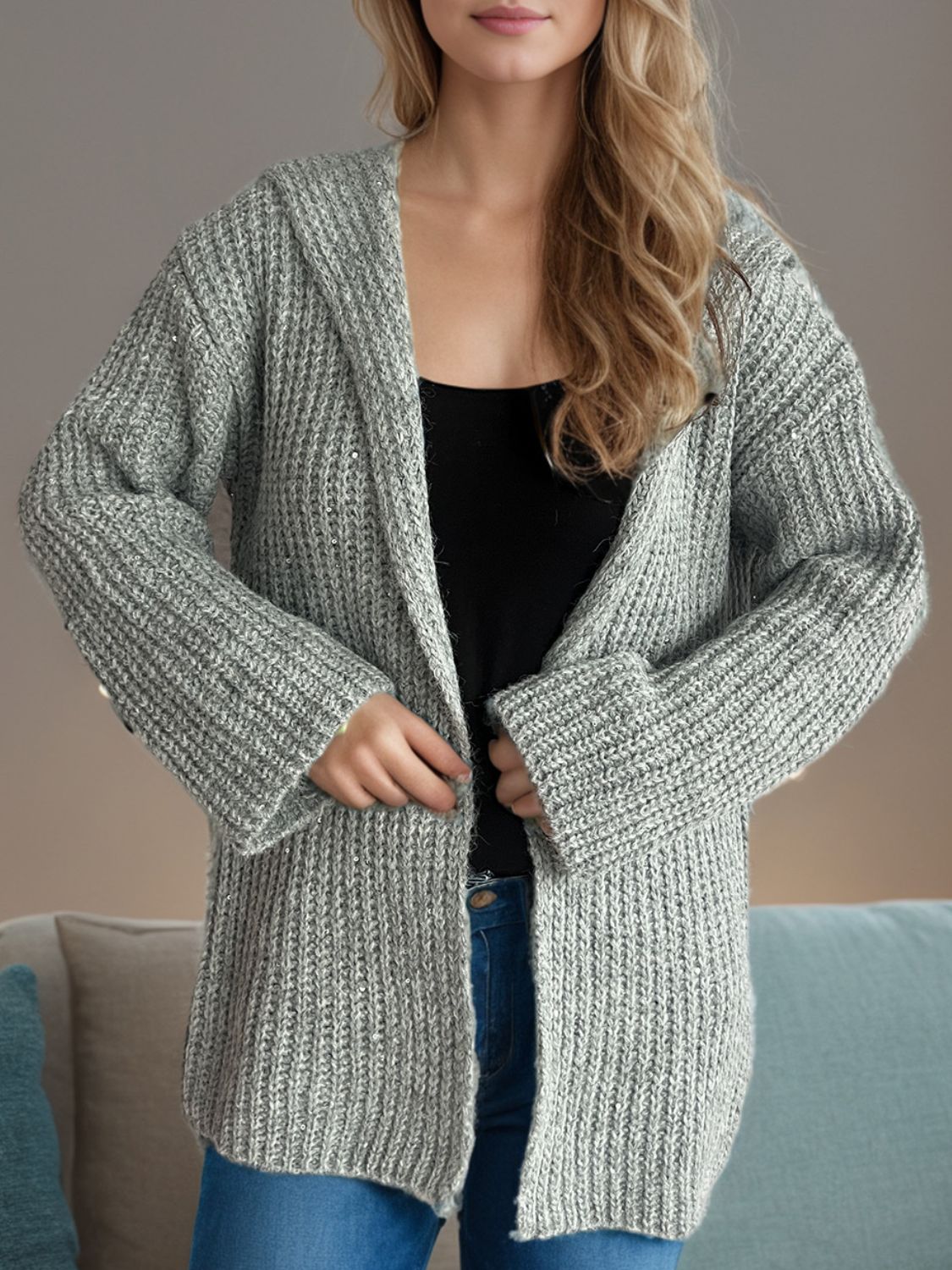 Sequin Detail Long Sleeve Hooded Cardigan