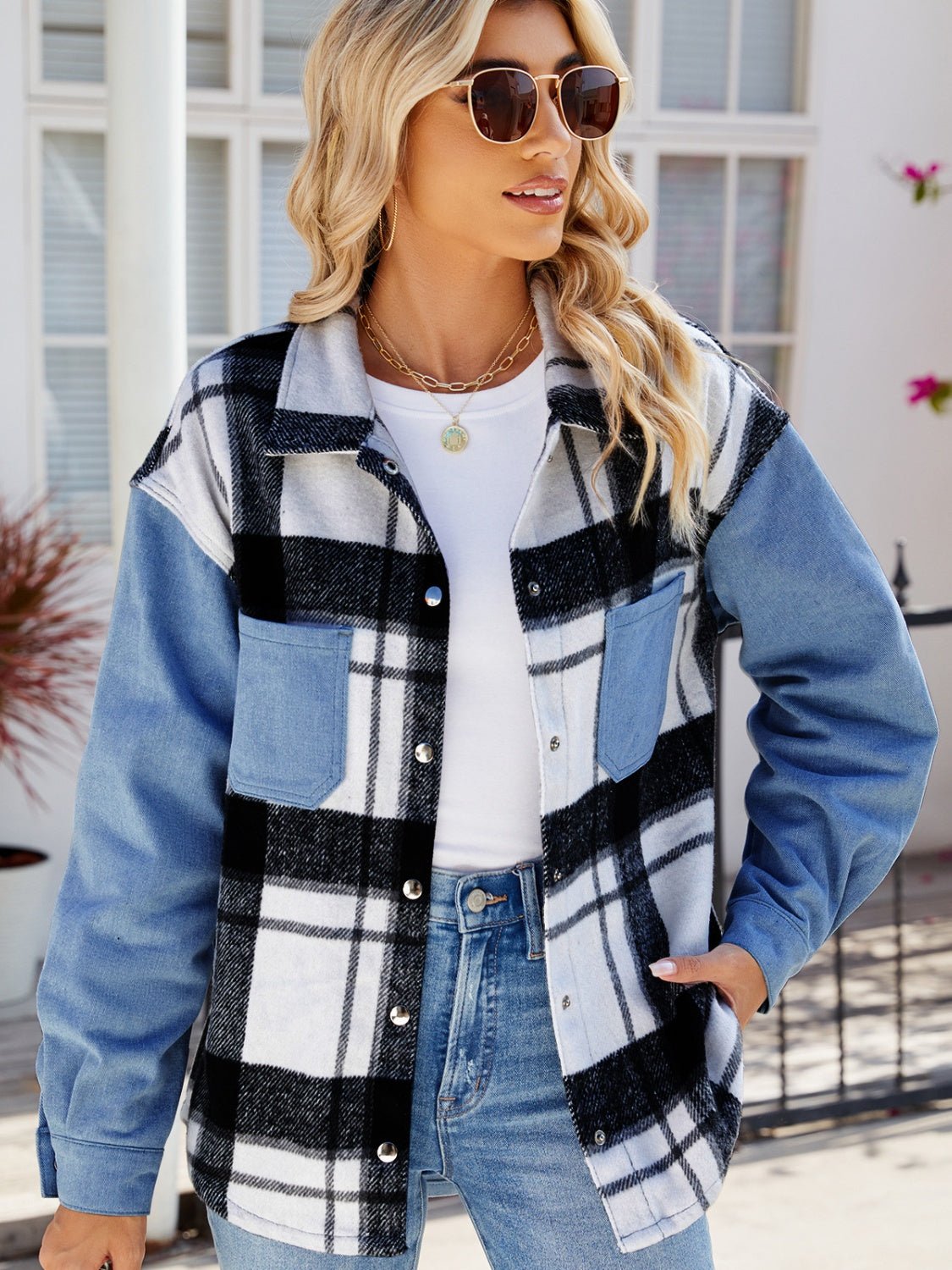 Pocketed Plaid Snap Down Denim Jacket