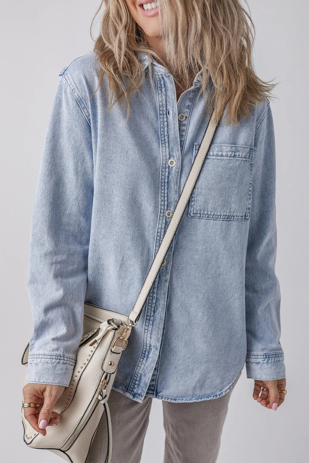 Pocketed Collared Neck Denim Top