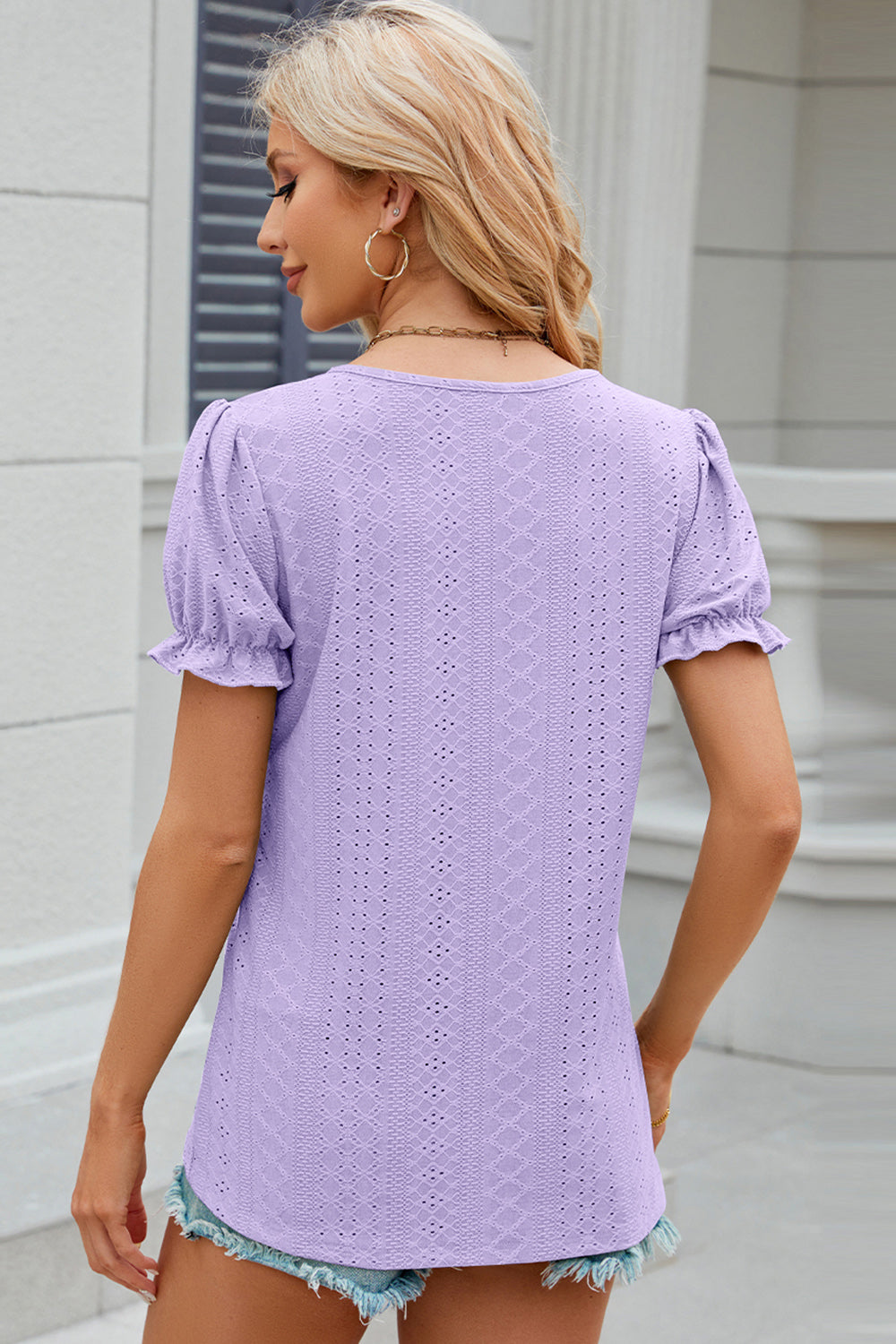 Eyelet Round Neck Flounce Sleeve T-Shirt