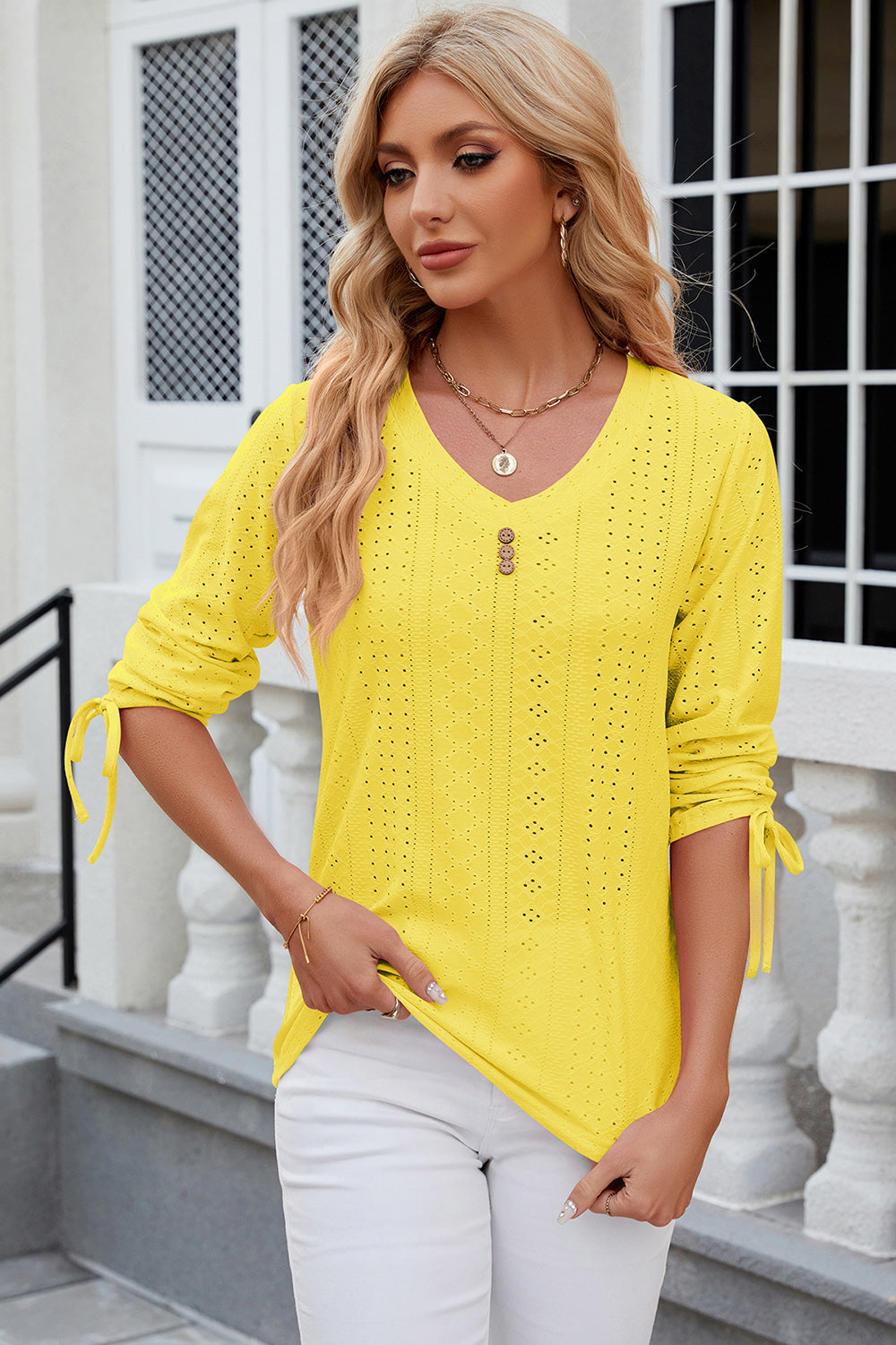 Eyelet Drawstring V-Neck Half Sleeve T-Shirt