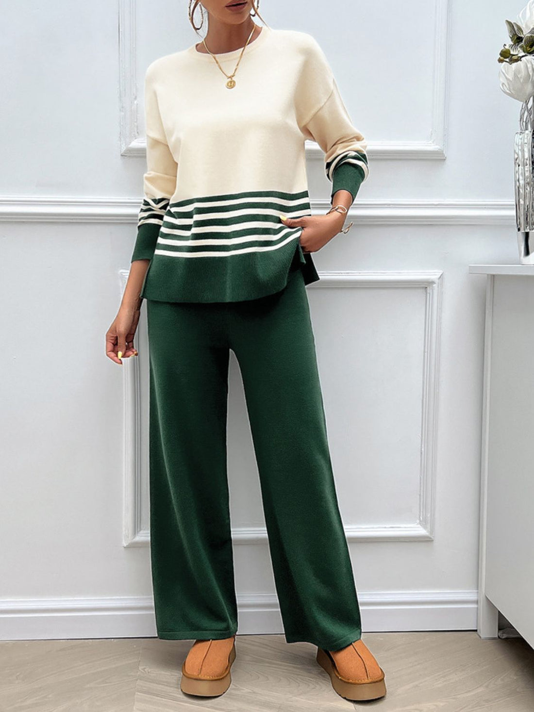 Devine Slit Striped Round Neck Top and Pants Sweater Set