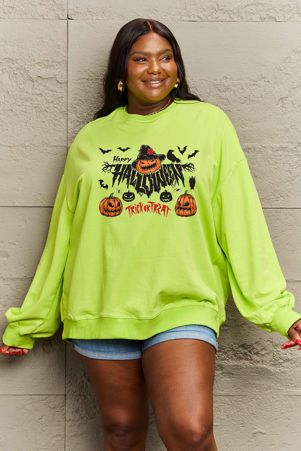 Simply Love Full Size HAPPY HALLOWEEN TRICK OR TREAT Graphic Sweatshirt