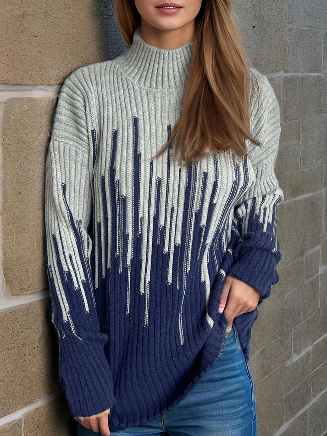 Contrast Mock Neck Long Sleeve Sweater