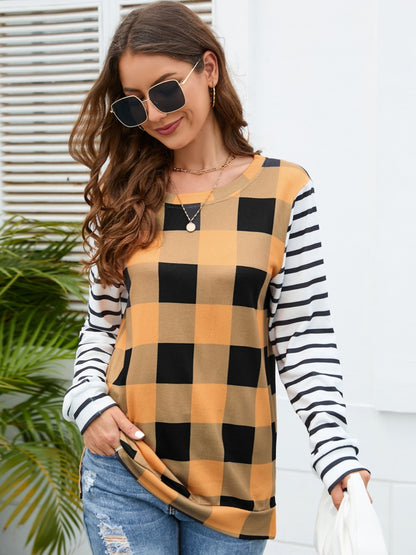 Plaid Striped Round Neck Long Sleeve T-Shirt