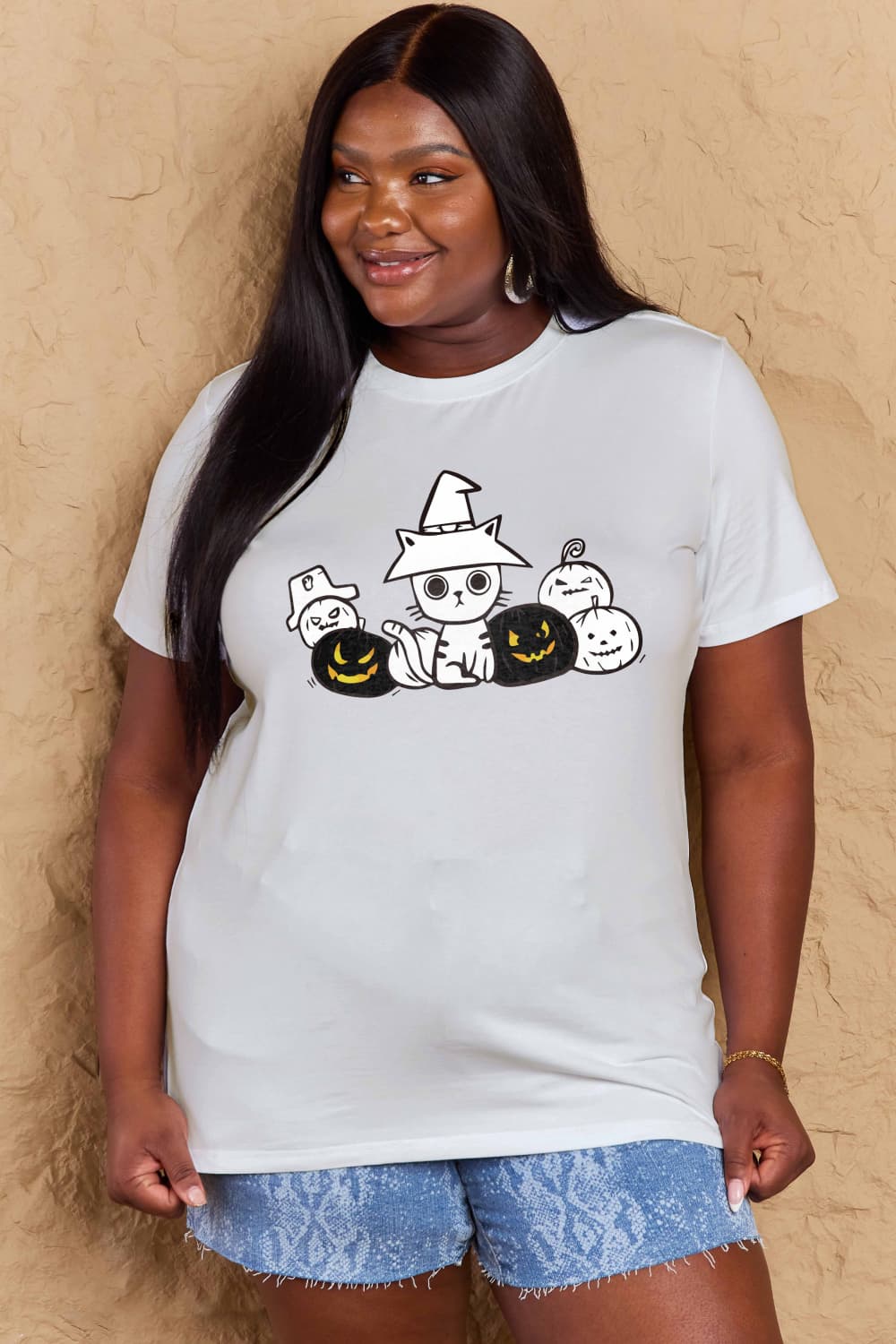 Simply Love Full Size Cat &amp; Pumpkin Graphic Cotton T-Shirt