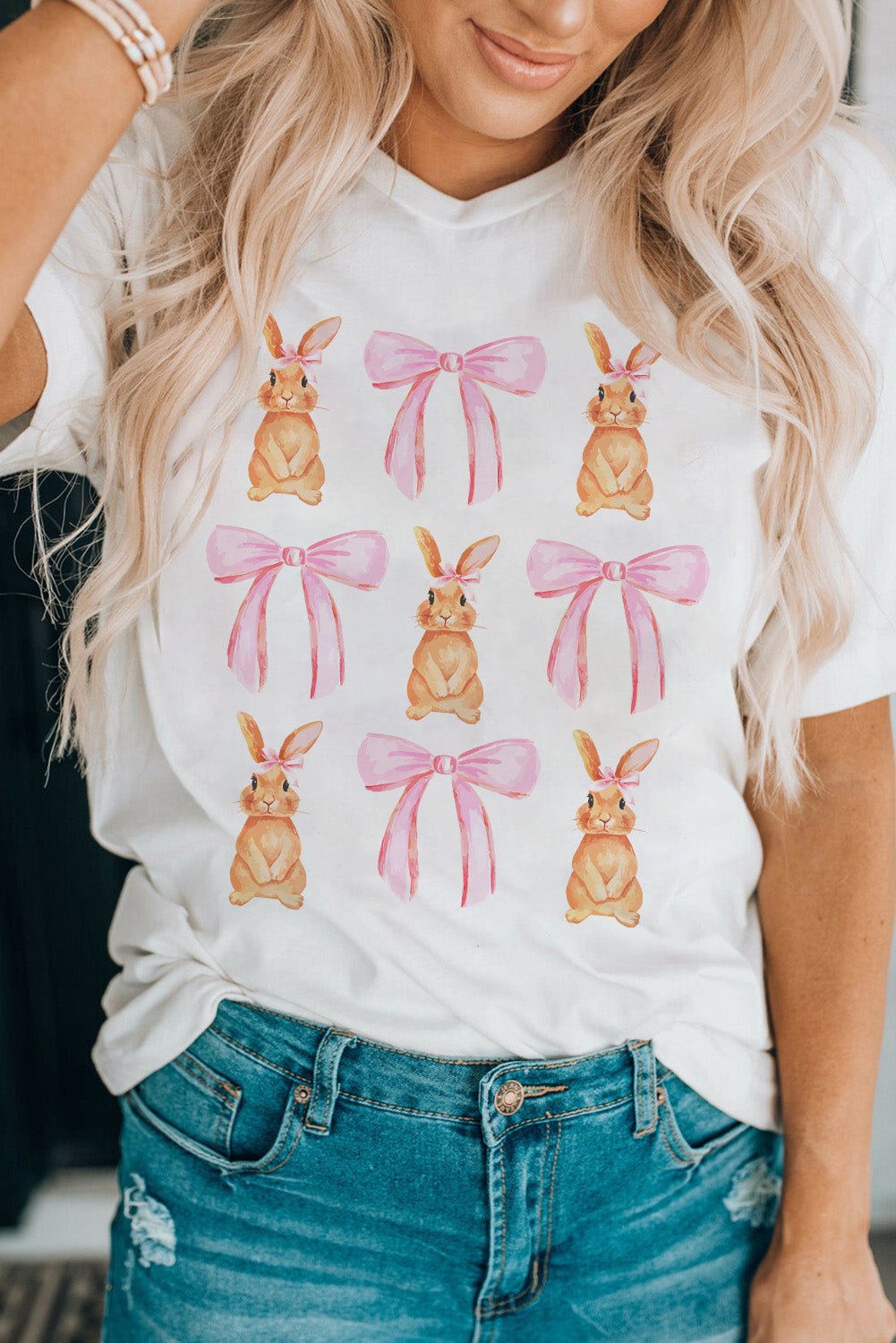 Rabbit &amp; Bow Round Neck Short Sleeve T-Shirt