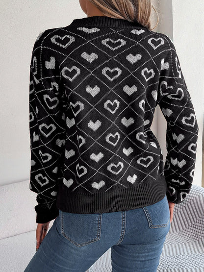 Heart Pattern V-Neck Long Sleeve Sweater