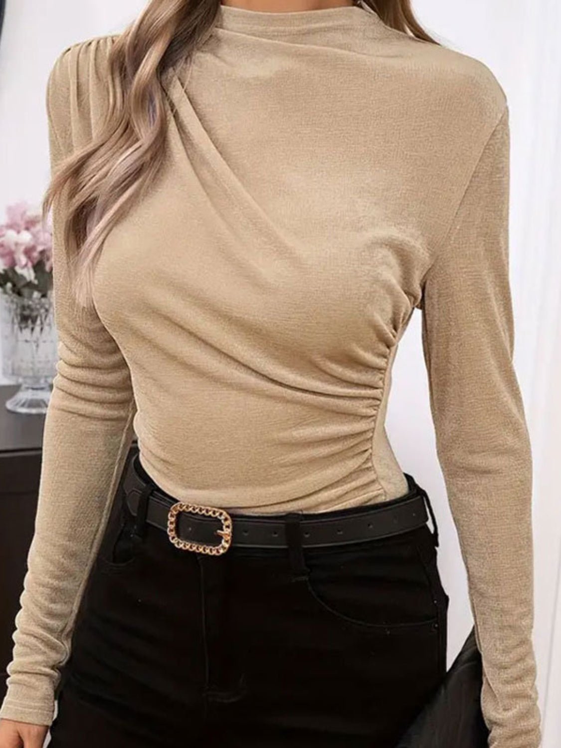 Ruched Mock Neck Long Sleeve T-Shirt