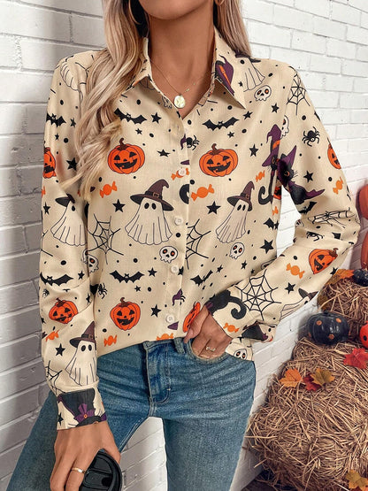 Halloween Printed Collared Neck Long Sleeve Shirt