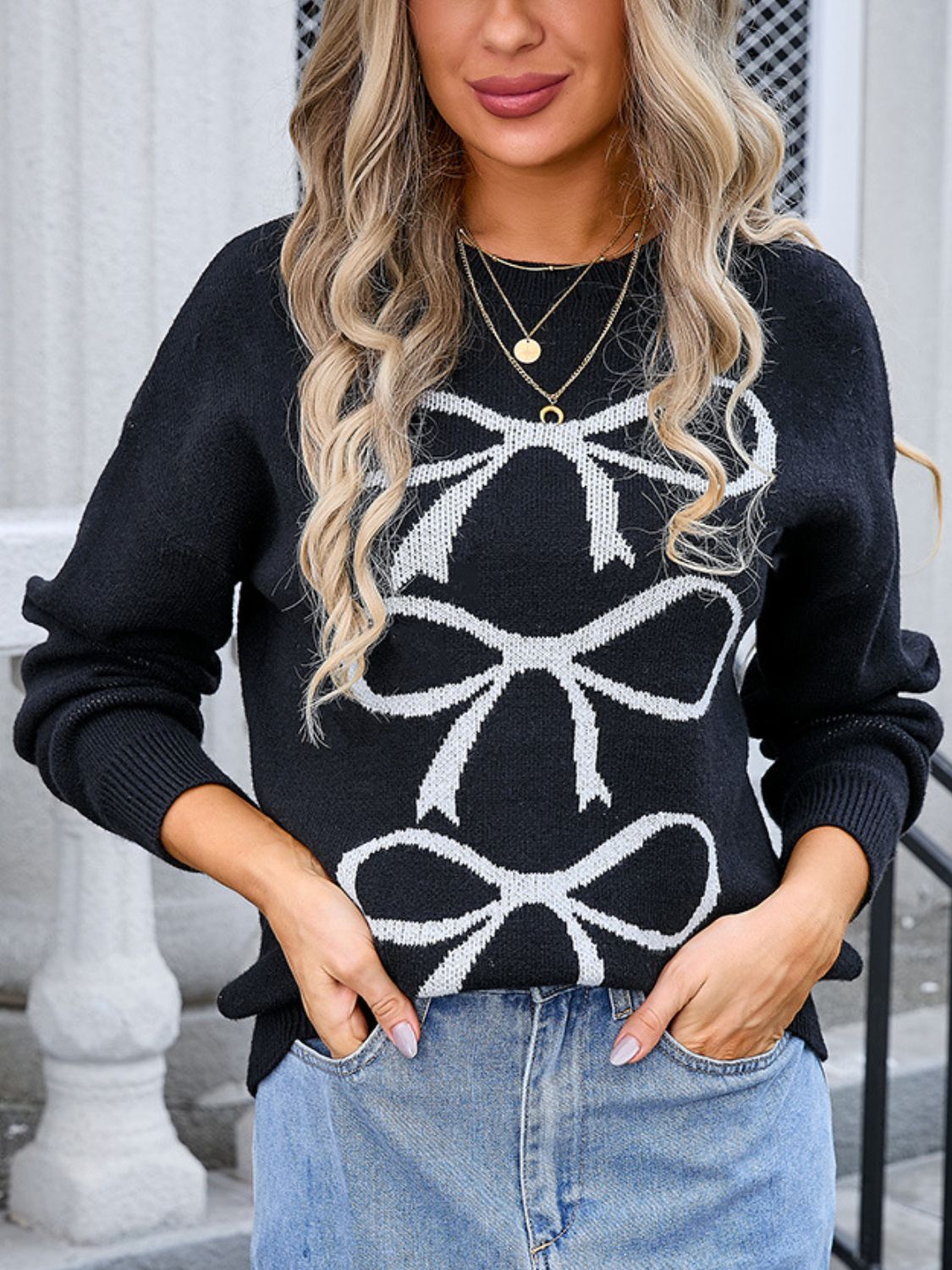 Angel Wings Bow Graphic Round Neck Long Sleeve Sweater | Trending Chic NZ