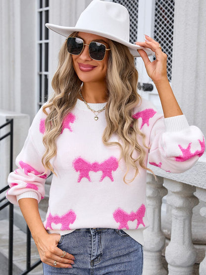 Angel Wings Bow Round Neck Dropped Shoulder Sweater | Trending Chic NZ