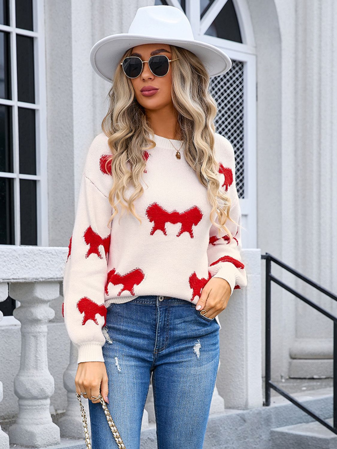 Angel Wings Bow Round Neck Dropped Shoulder Sweater | Trending Chic NZ