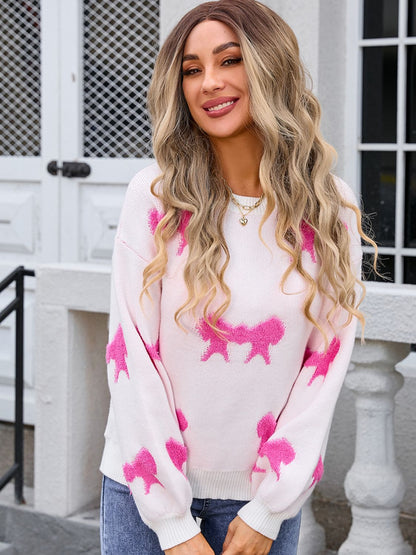 Angel Wings Bow Round Neck Dropped Shoulder Sweater | Trending Chic NZ