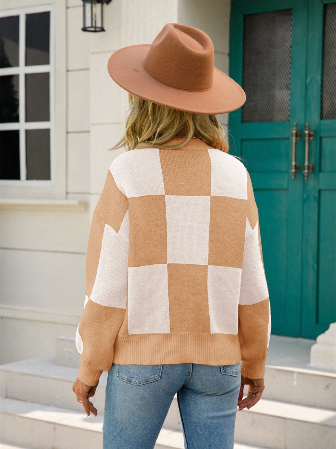 Angel Wings Checkered Round Neck Dropped Shoulder Sweater | Trending Chic NZ