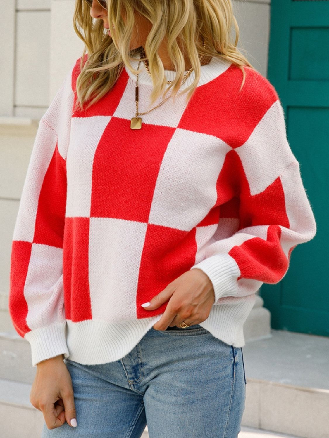 Angel Wings Checkered Round Neck Dropped Shoulder Sweater | Trending Chic NZ