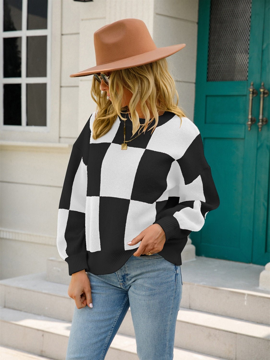 Angel Wings Checkered Round Neck Dropped Shoulder Sweater | Trending Chic NZ