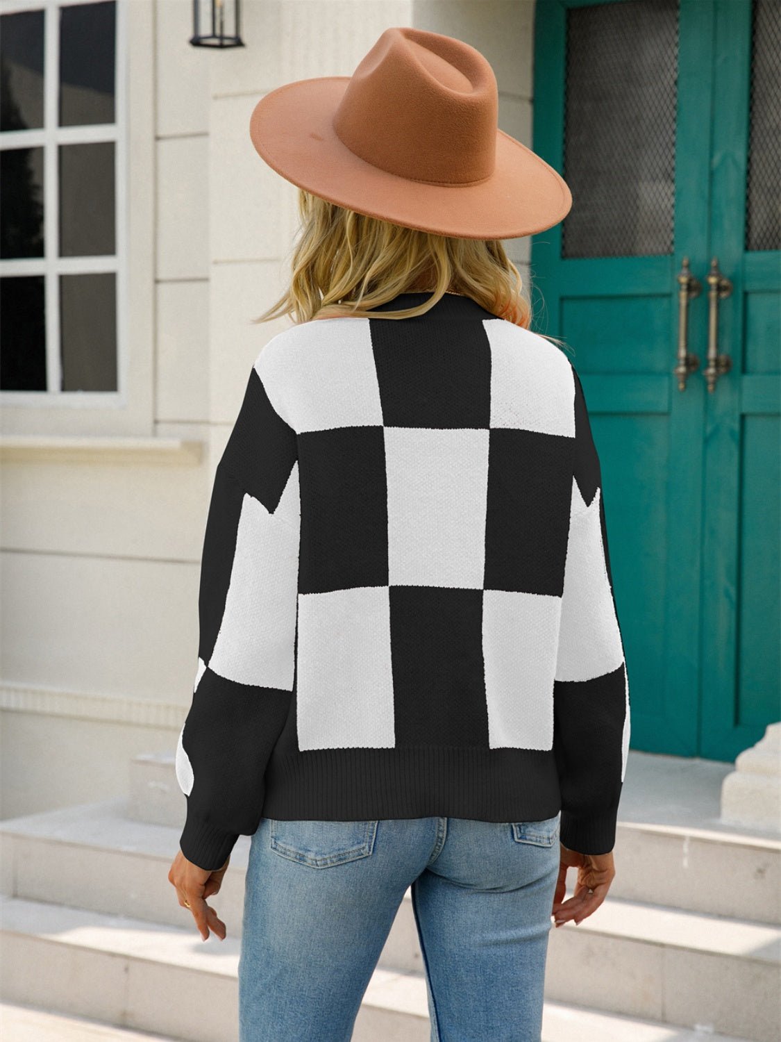 Angel Wings Checkered Round Neck Dropped Shoulder Sweater | Trending Chic NZ