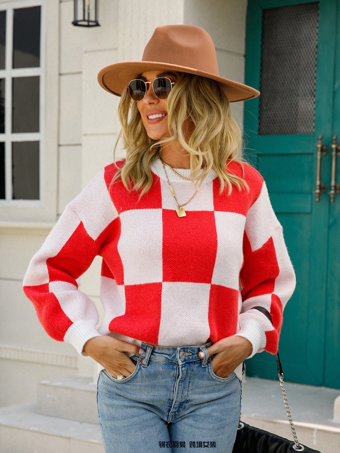 Angel Wings Checkered Round Neck Dropped Shoulder Sweater | Trending Chic NZ