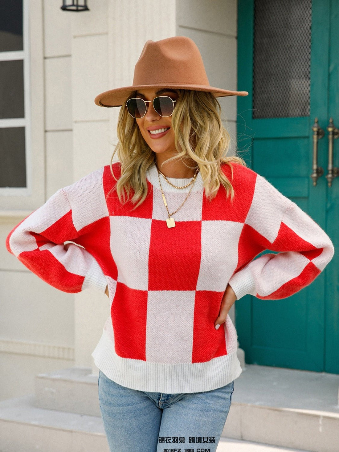 Angel Wings Checkered Round Neck Dropped Shoulder Sweater | Trending Chic NZ