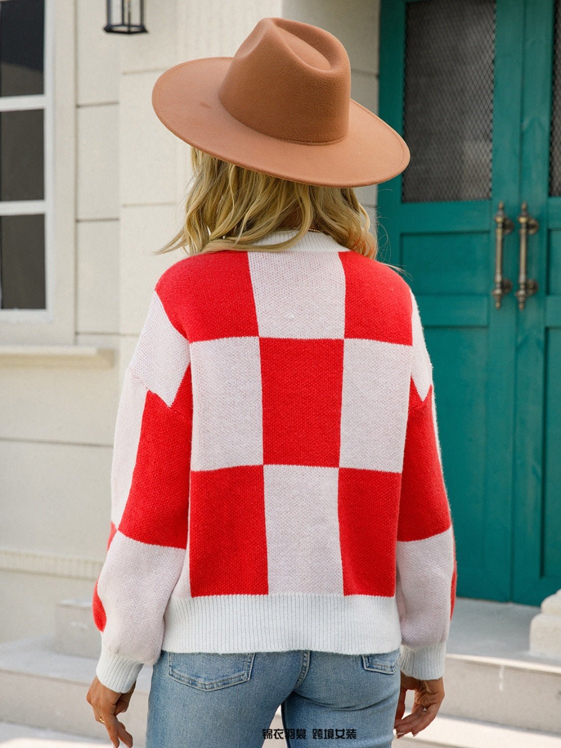 Angel Wings Checkered Round Neck Dropped Shoulder Sweater | Trending Chic NZ