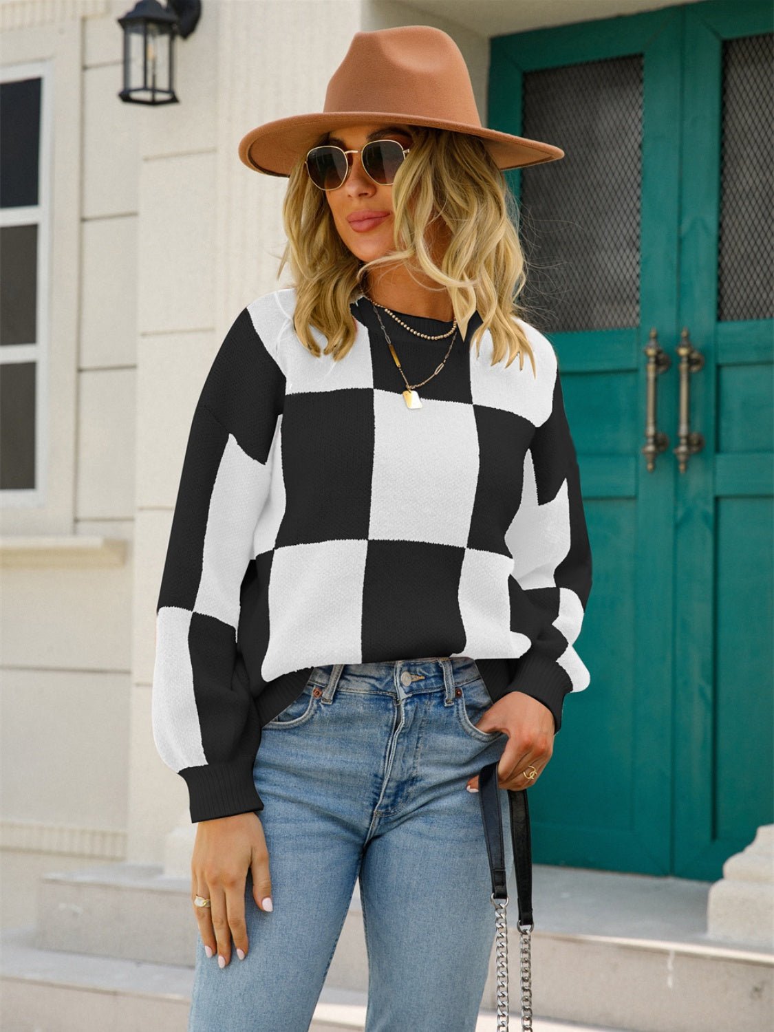 Angel Wings Checkered Round Neck Dropped Shoulder Sweater | Trending Chic NZ