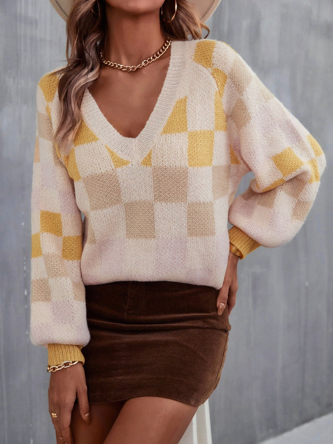 Angel Wings Checkered V - Neck Lantern Sleeve Sweater | Trending Chic NZ