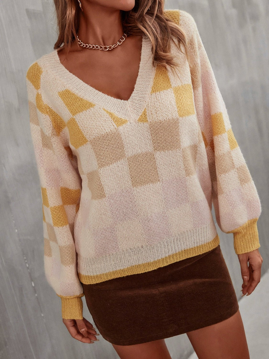 Angel Wings Checkered V - Neck Lantern Sleeve Sweater | Trending Chic NZ